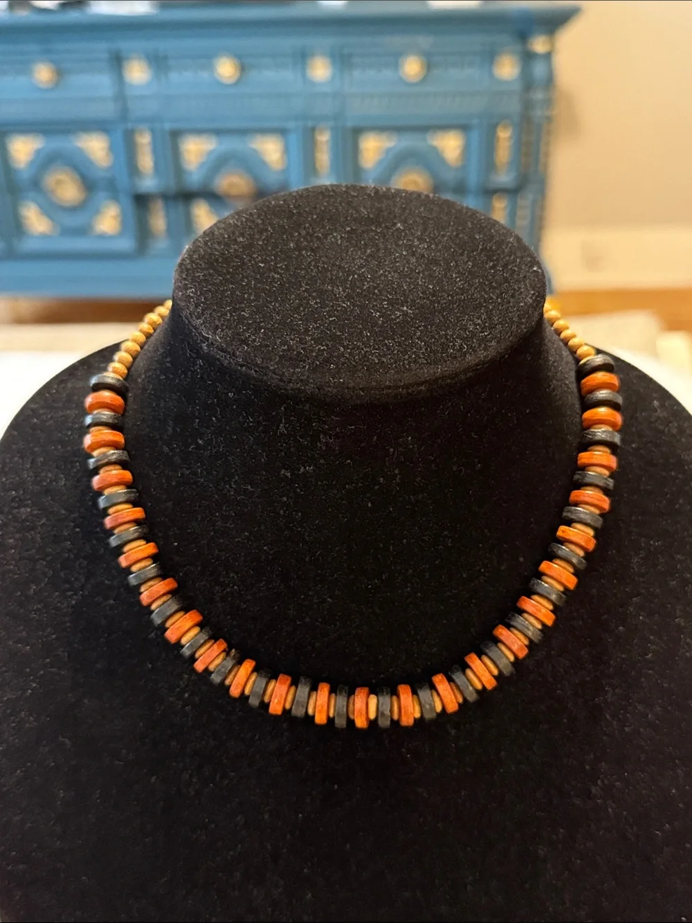 Vintage Boho Brown Black Wooden Beaded Choker Collar Statement Necklace
